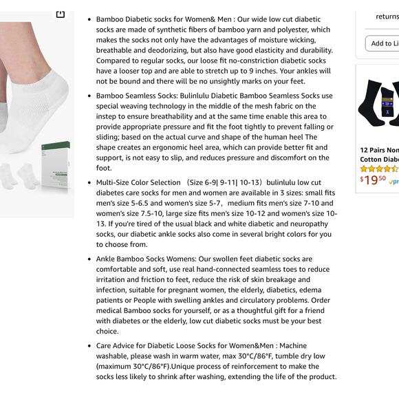 2 Pkgs x 6 Bulinlulu Diabetic Non Binding Low Cut White Socks Unisex Size Large - Picture 8 of 10